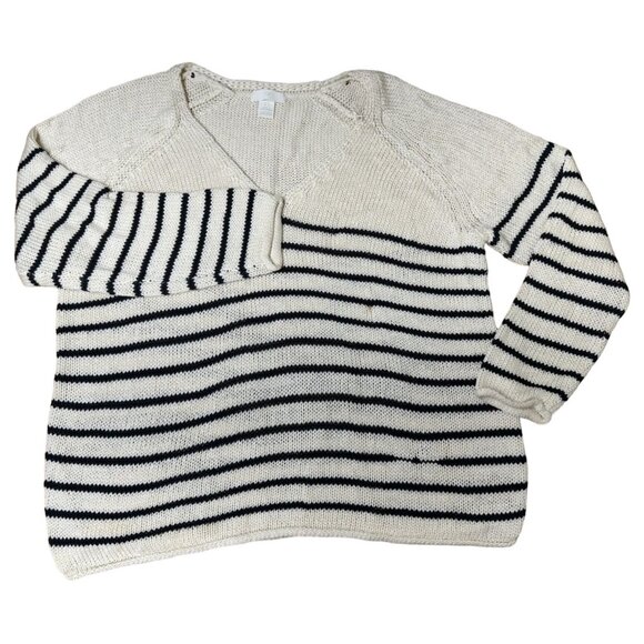 XL H&M Beige & Black Striped Knit V-Neck Sweater - Cozy, Casual Style - Picture 1 of 6